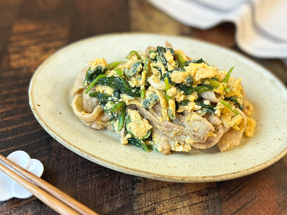 【味わいだし】豚肉とほうれん草の卵炒め